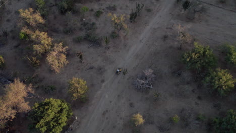 Drone-aerial-follow-shot-of-a-man-riding-a-motorcycle-in-a-desert,-dusty-road