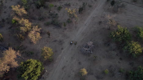drone aéreo seguimiento disparo de un hombre montando una motocicleta en un desierto, carretera polvorienta