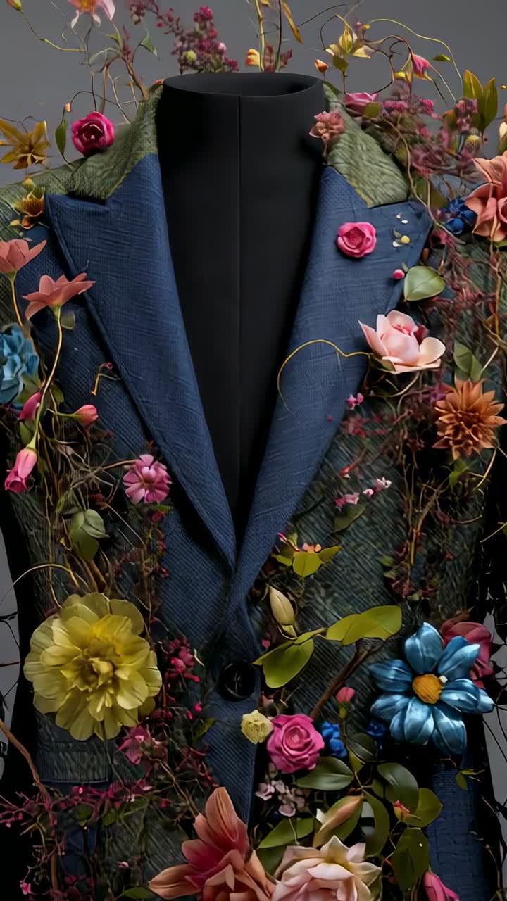 Video verticale: angolazione della camera allargata che rivela un blazer blu su un manichino nero, che mostra fiori colorati