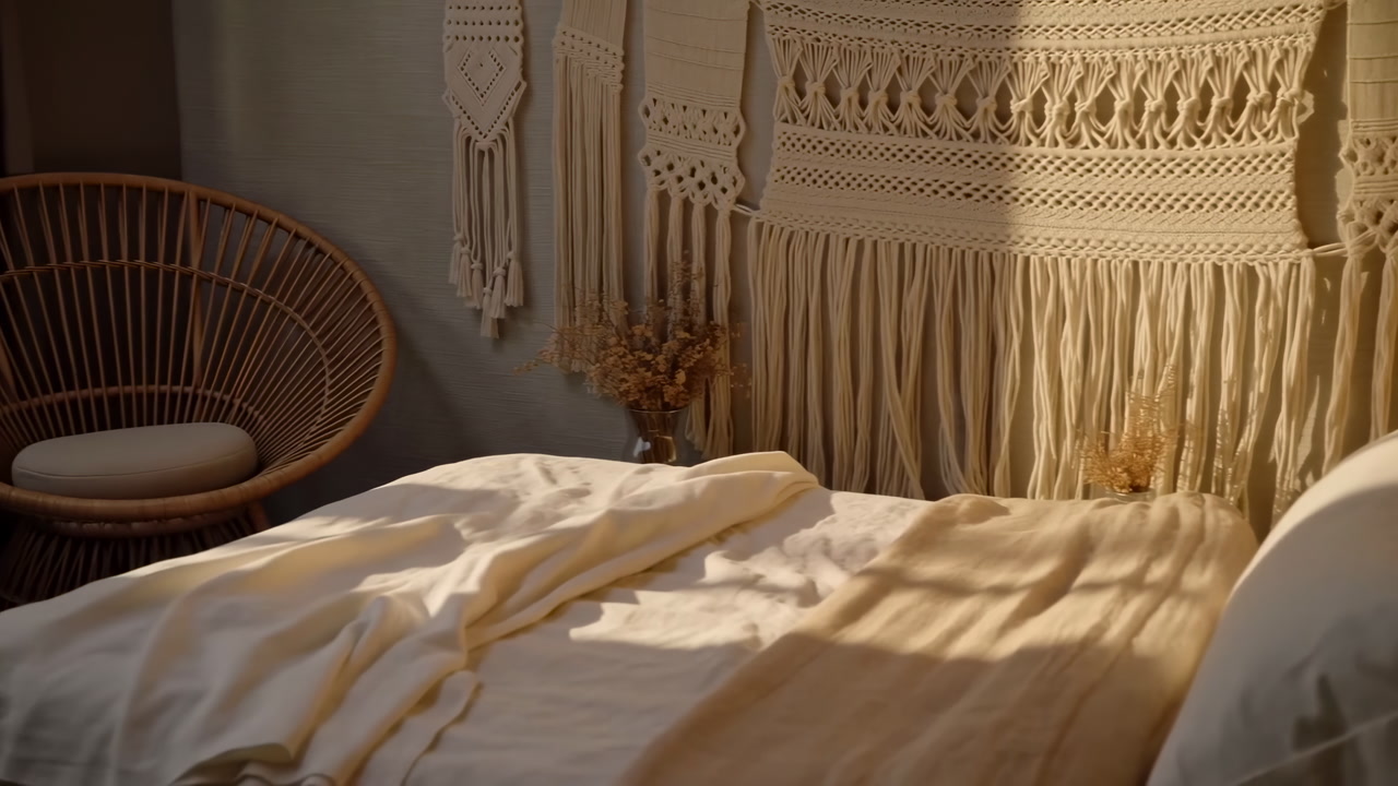 Sunlit Bohemian Bedroom With Macrame Soft Linen Bedding, Rattan Chair, Dried Flowers In Vase, Warm Morning