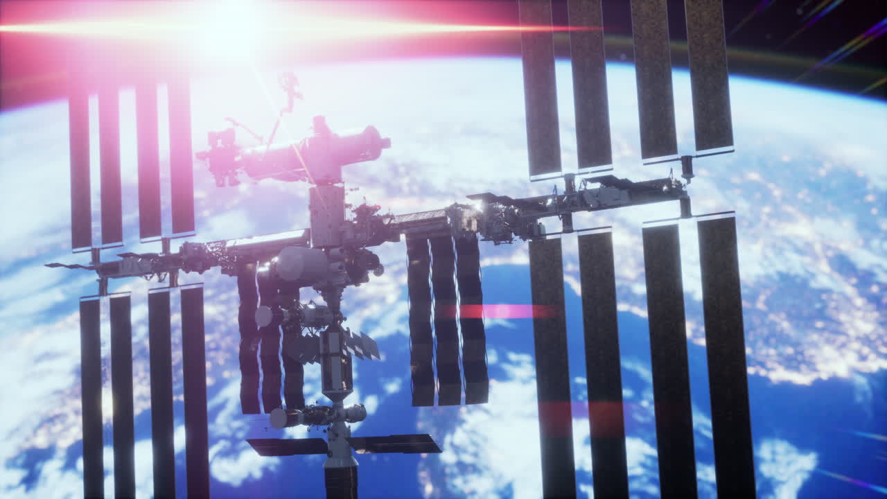 지구  ⁇ 도 위의 우주 공간에 있는 국제 우주 정거장