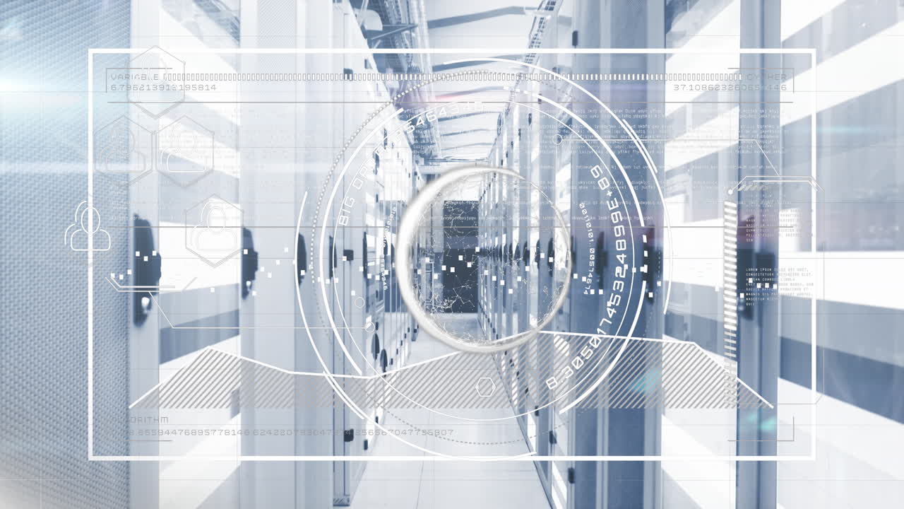 컴퓨터 서버 방에 대한 데이터 처리 및 빛 트레일의 인터페이스의 애니메이션