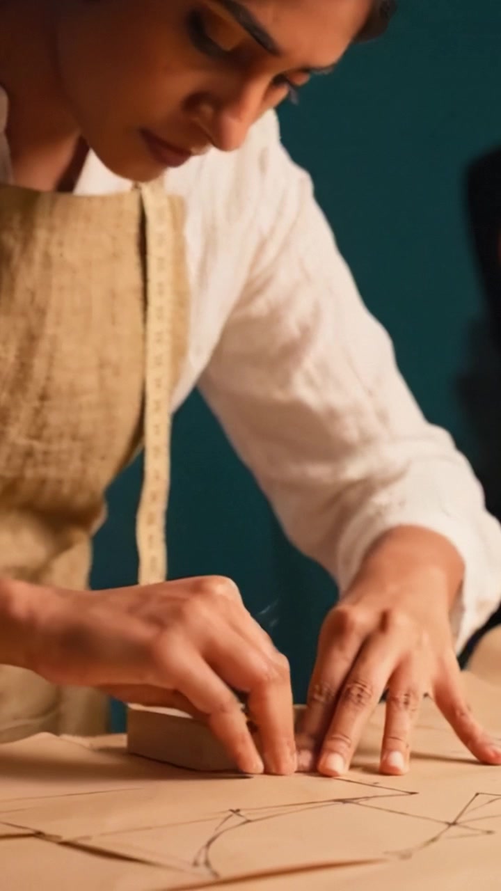 La precisione di un sarto: creazione di modelli con cura e abilità per il design di moda in un ambiente sereno utilizzando tecniche e strumenti tradizionali