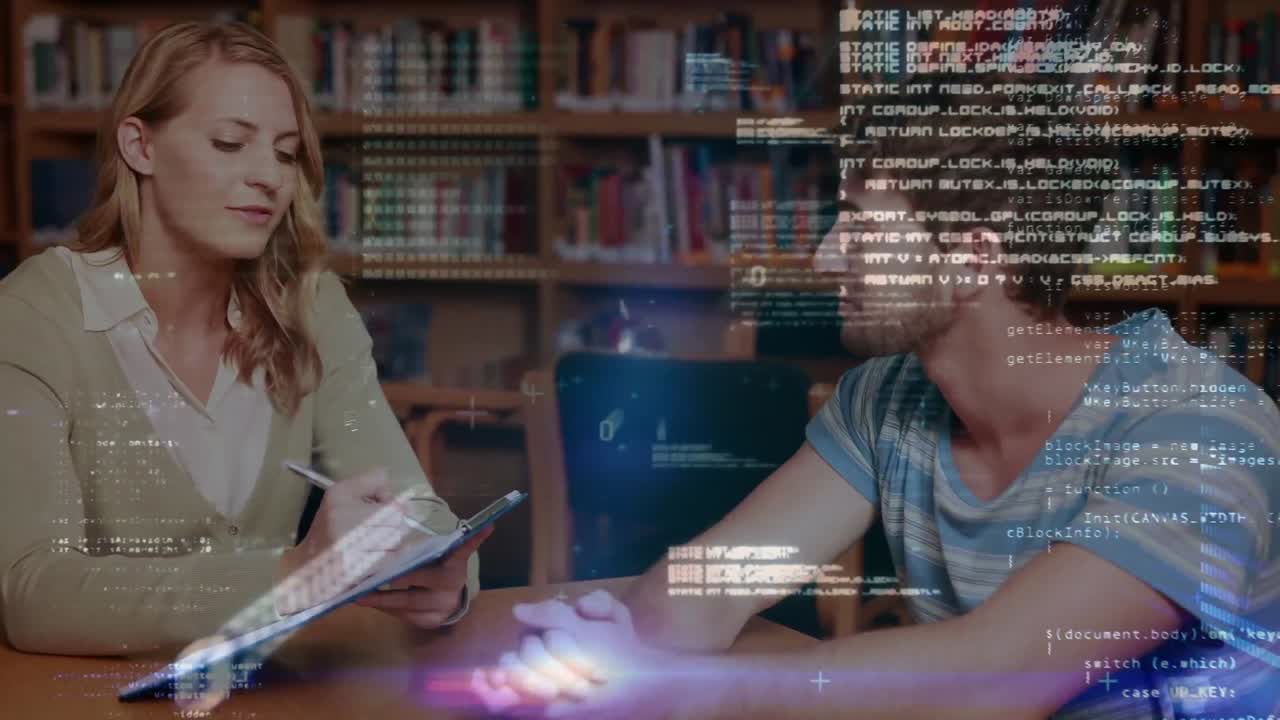 animación del procesamiento de datos sobre maestra caucásica analizando al estudiante masculino