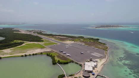 tropical island airport: aerial view of runway and parked private jets