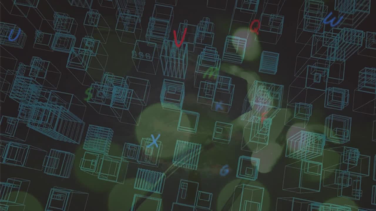 animación de letras coloridas volando sobre el paisaje urbano