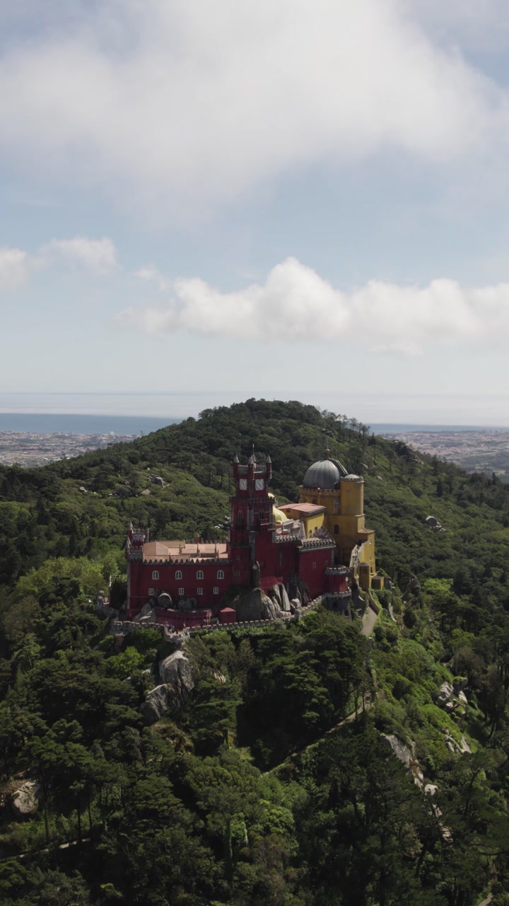 Vertical aerial panoramic view of the Pena Palace and its surrounding park, covered in lush forest.