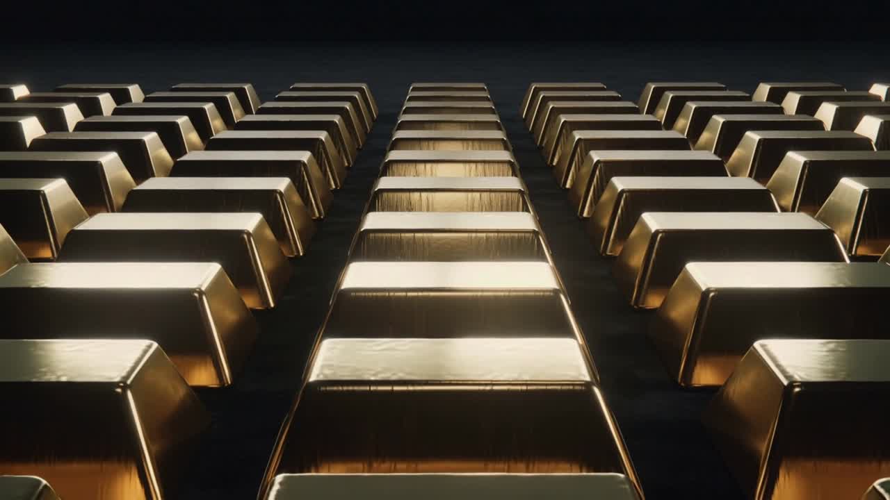 Telecamera che si sposta in avanti, con una luce da studio che proietta bagliori sulle file di barre d'oro su una base lucida, mostrando profondità.
