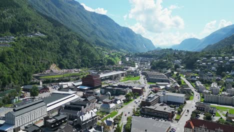 Odda-Village-Centre-in-Vestland,-Norway,-Scandinavia---Aerial