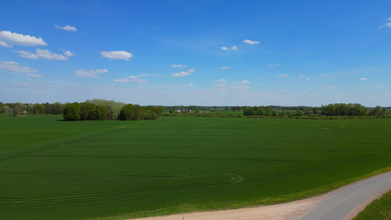 A black car parked next to a farm with nearly endless green fields of young crops