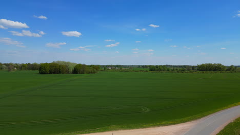 A-black-car-parked-next-to-a-farm-with-nearly-endless-green-fields-of-young-crops