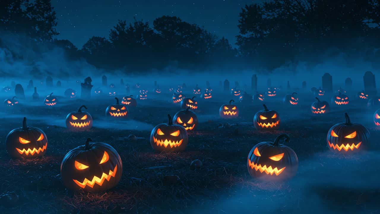 A Spooky Halloween Night: Glowing Jack-o'-Lanterns Illuminate the Graveyard in an Enchanting, Eerie Atmosphere Complete with Fog and Imposing Tombstones