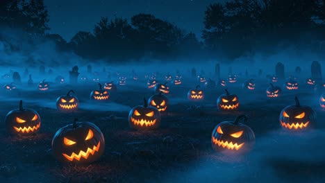 a spooky halloween night: glowing jack-o'-lanterns illuminate the graveyard in an enchanting, eerie atmosphere complete with fog and imposing tombstones