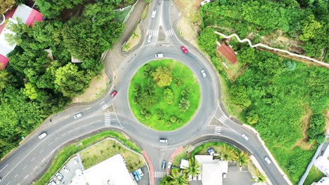 Aerial view looking directly down on a roundabout as vehicles travel around it