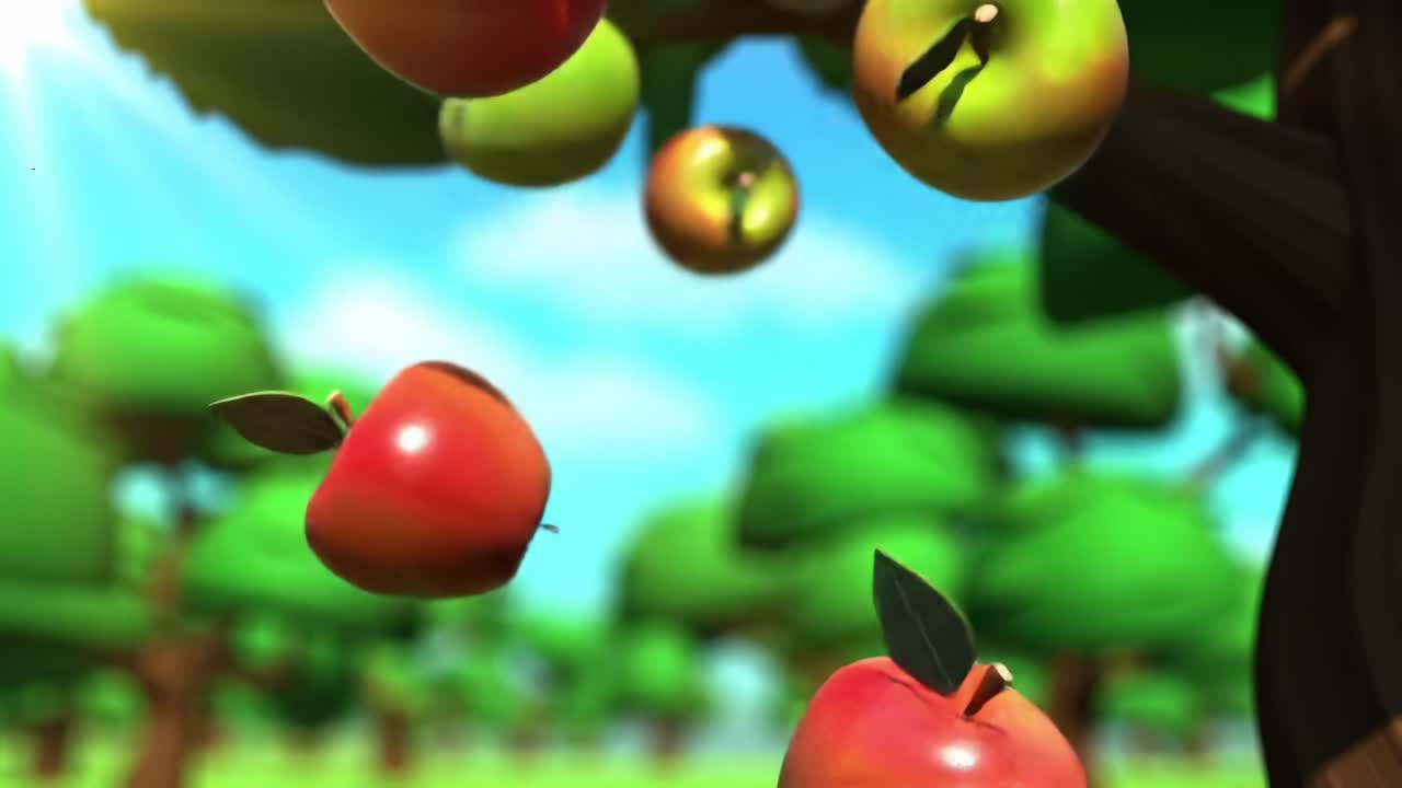 Animated Scene of Colorful Apples Falling from a Tree in a Vibrant Orchard Setting, Capturing the Essence of Nature's Bounty and Harvest