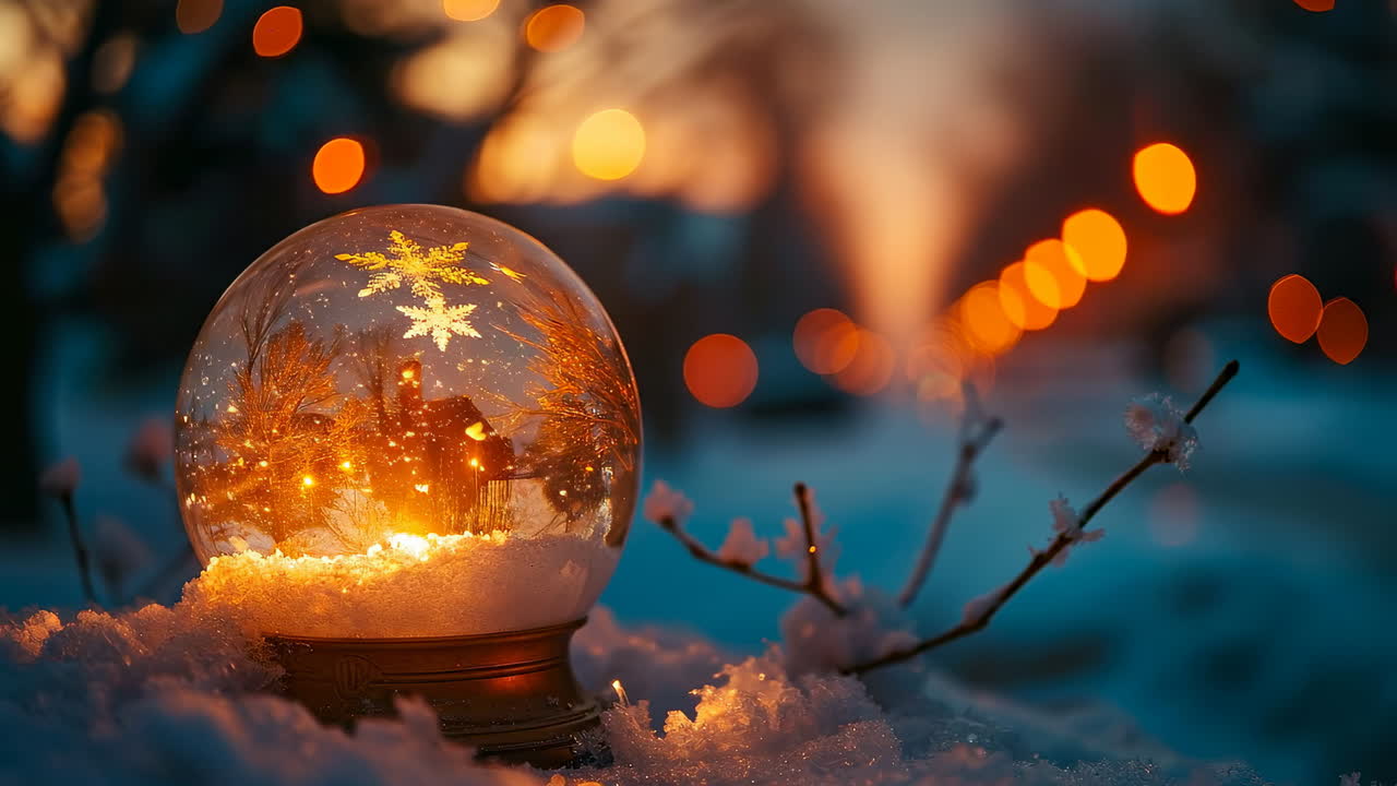 Lumipallo, jossa on talvinen näkymä auringonlaskun aikaan. Lumipallossa on talvinen näkymä ja hehkuva tähti. Taustalla näkyy oransseja valoja ja lumisia oksia.