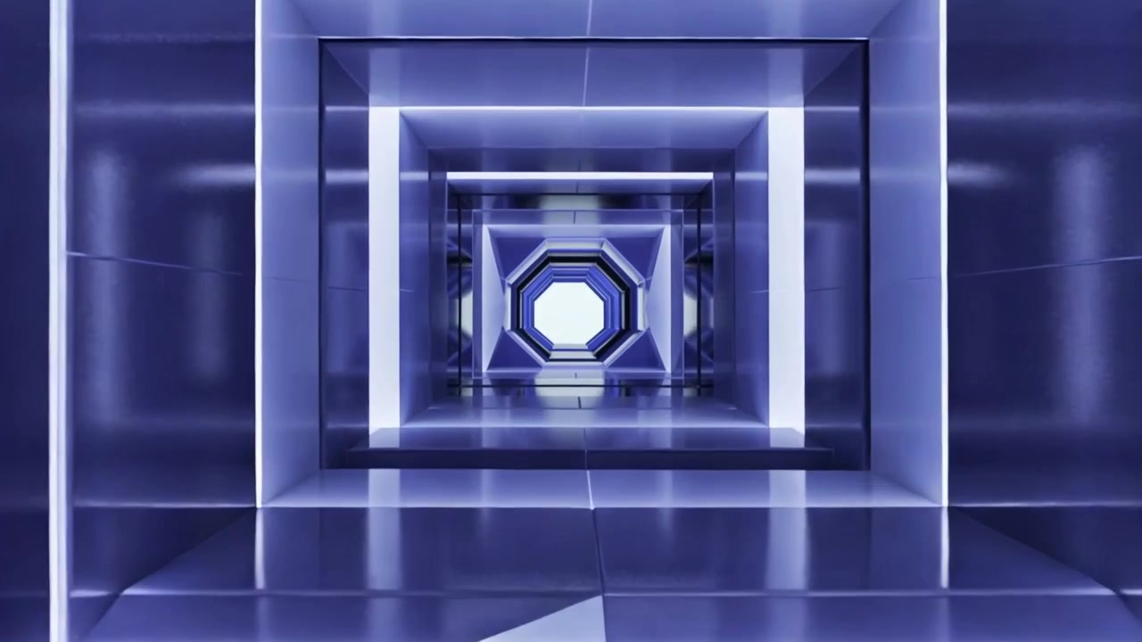 Starting camera moving into glass tunnel in studio, square frames, octagonal aperture showing depth