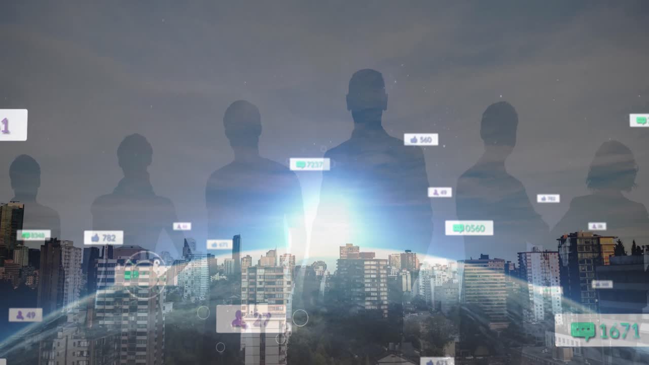 미디어 아이콘과 비즈니스 사람들의 애니메이션 도시 풍경