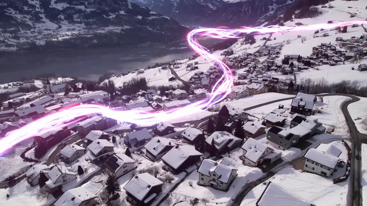 vista aérea de la ciudad cubierta de nieve de amden, suiza, con ilustración de visualización de telecomunicaciones