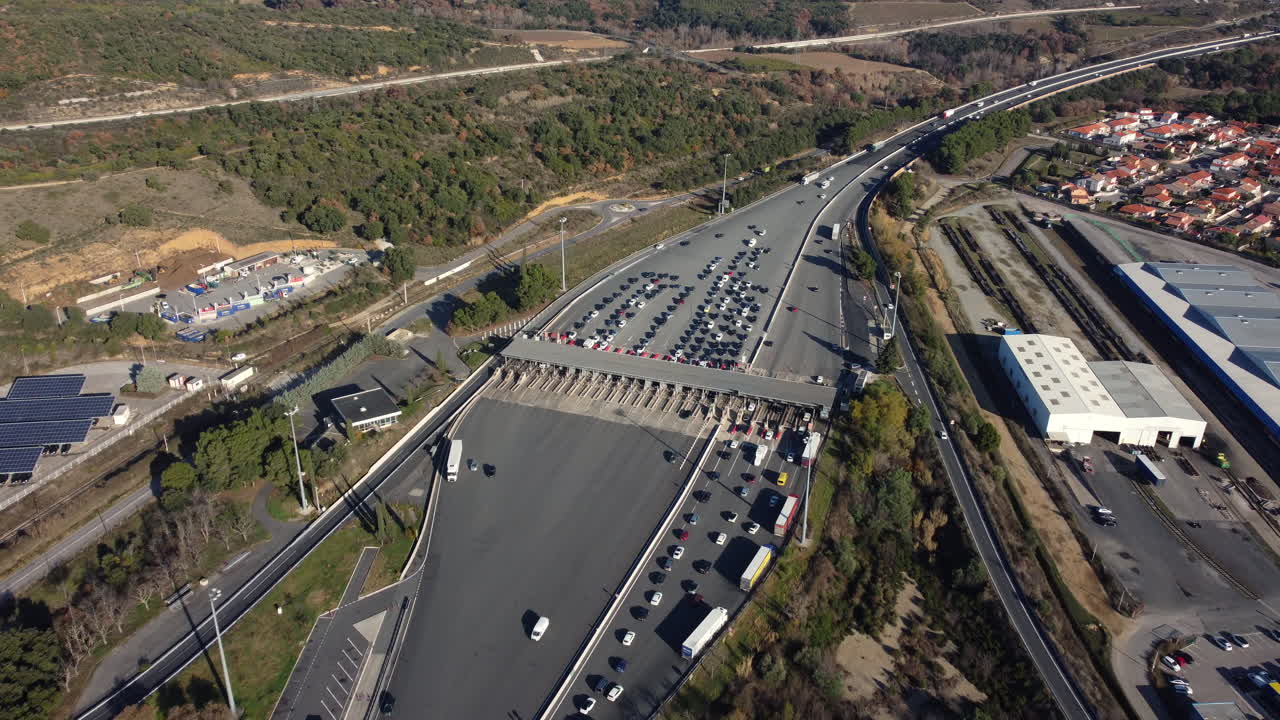 Aerial View of a Congested Highway Toll Booth