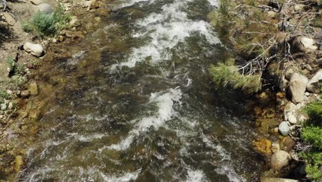 Deadman-creek's-clear-flowing-water-surrounded-by-rocks-and-greenery,-aerial-view