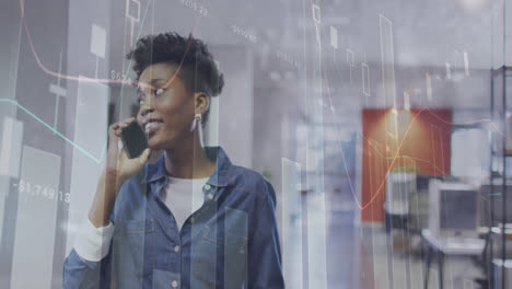 Animation-of-statistical-data-processing-over-african-american-woman-talking-on-smartphone-at-office