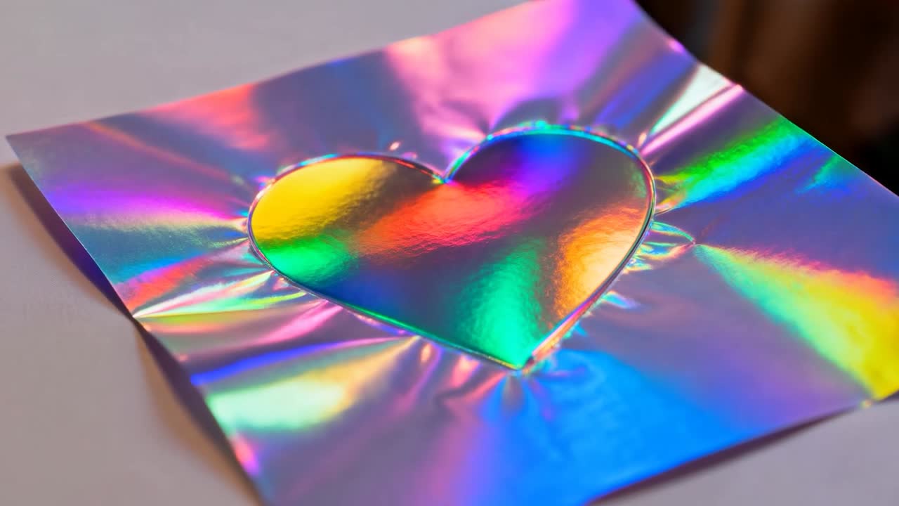 Luce mutevole e angolazione della camera che proiettano riflessi arcobaleno su un foglio lucido su una scrivania chiara che mostra un cuore in rilievo