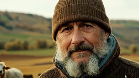 pastor con una larga barba y sombrero de invierno mira pensativo alrededor de un pasto de montaña, reflejándose en el paisaje sereno