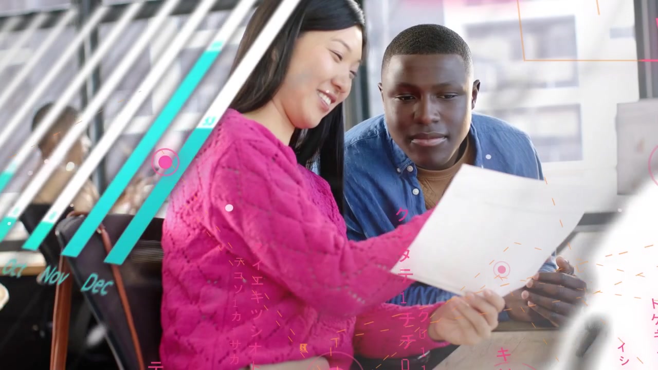Woman turning sheet to man, overlays sweeping across frame, pair reviewing business chart on tablet