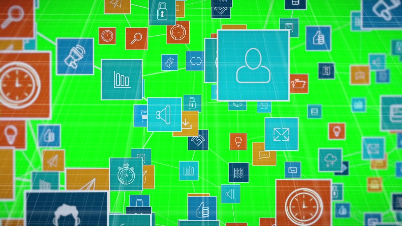 Animation of network of connections with icons and data processing