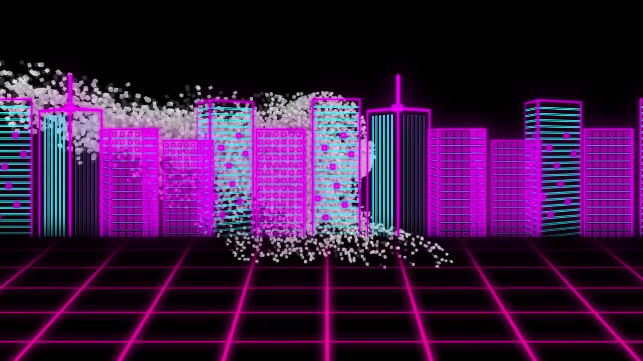 검은 바탕에 있는 도시 풍경 위의 디지털 인간 머리의 애니메이션