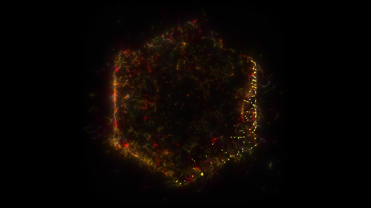 노란색 육각형 포털의 애니메이션, 입자와 에너지 폭발로 구성되어 있으며, 검은색 배경에 고립되어 있으며, 알파 루마 매트 vfx cg 4k, 우주 문, 별자리, 은하.