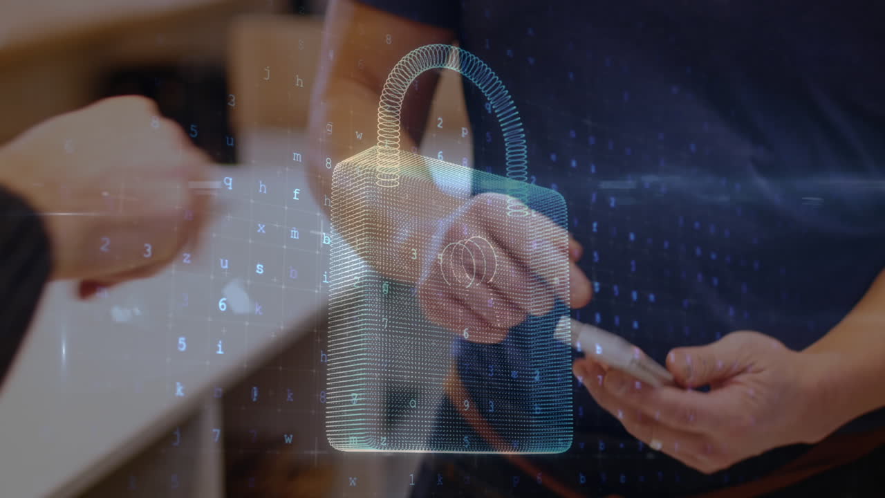 animación del candado de seguridad de la red sobre las personas que utilizan el terminal de pago