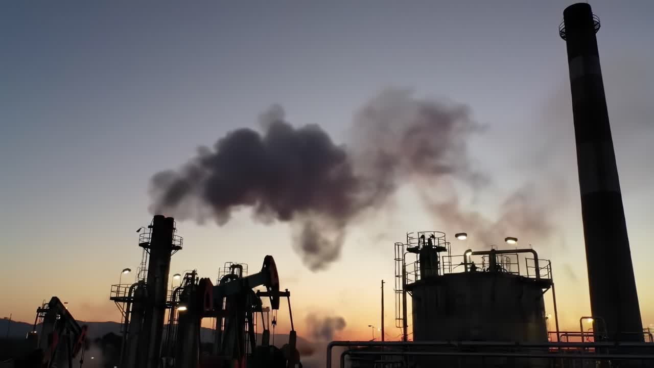 Industrial Extraction and Emission Scene at Twilight: Oil Pumps and Smoke Stacks Silhouetted Against a Vibrant Sunset Sky in an Oil Rig Environment