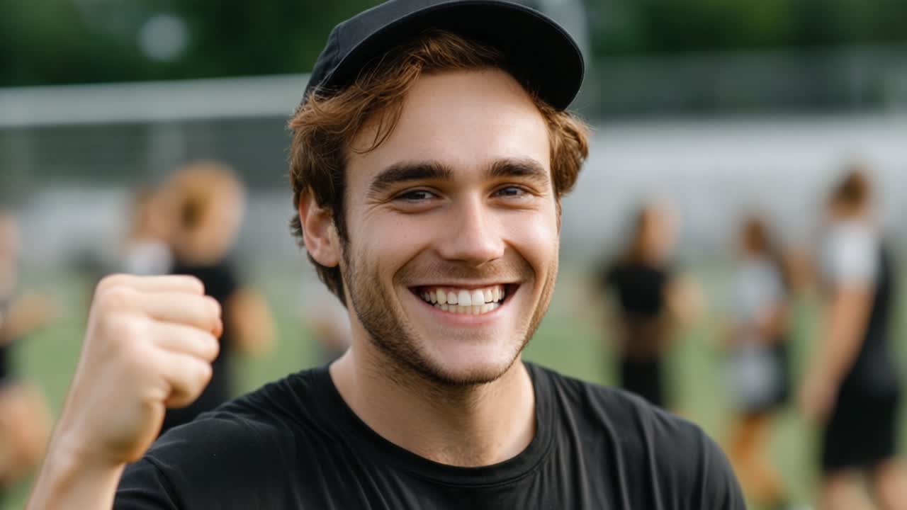 An enthusiastic young athlete celebrates a personal victory with a powerful fist pump, showcasing joy and determination on a sports field during practice