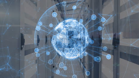 animation of digital network globe with icons connecting over data center servers