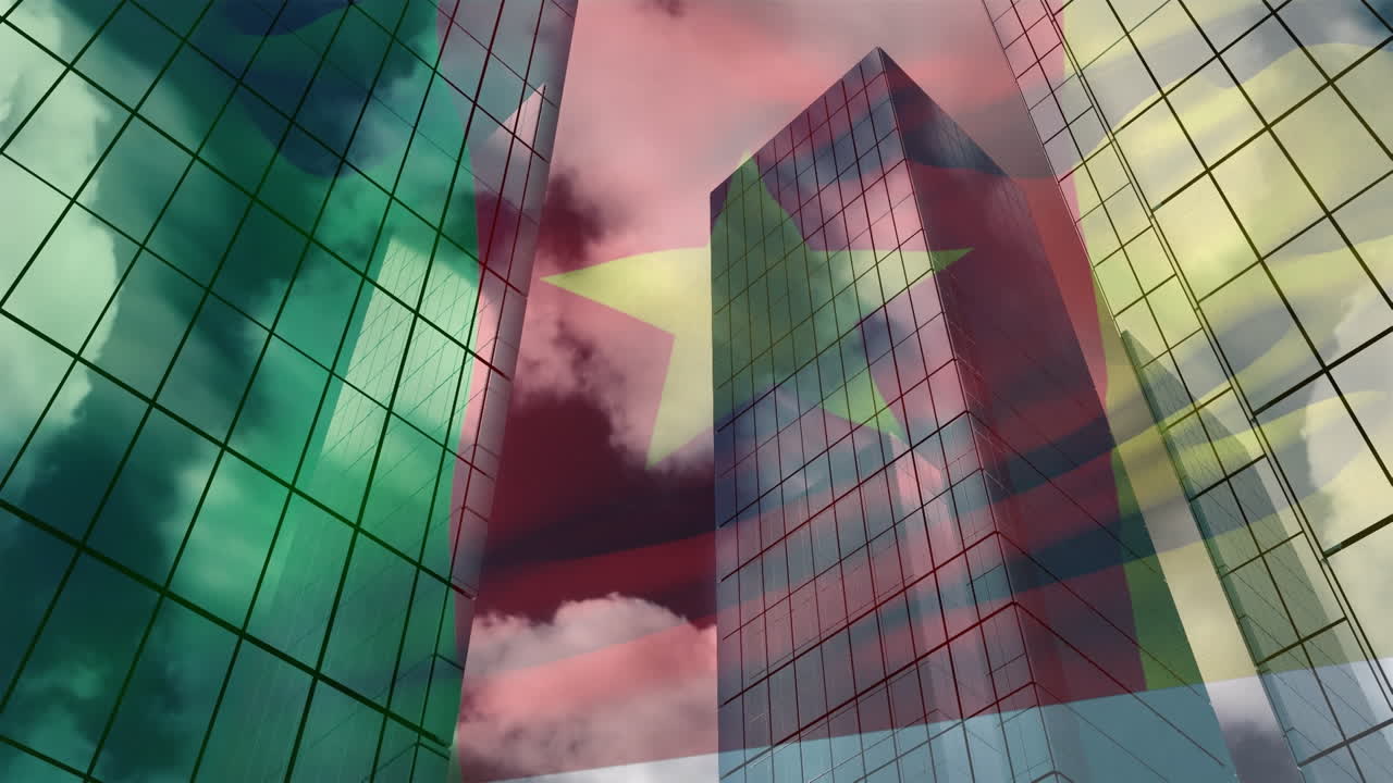 animación de la bandera de camerún y procesamiento de datos financieros sobre el paisaje urbano