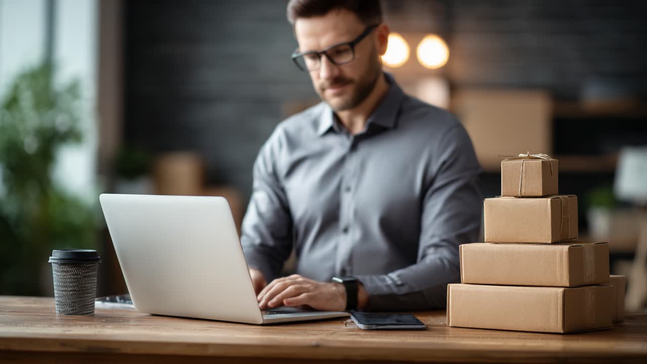 A focused professional engaged in online business management, skillfully navigating a laptop while surrounded by neatly stacked packages and a coffee cup, representing e-commerce and productivity