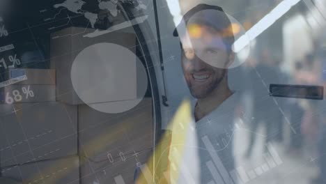 statistical data processing against portrait of caucasian delivery man with clipboard smiling