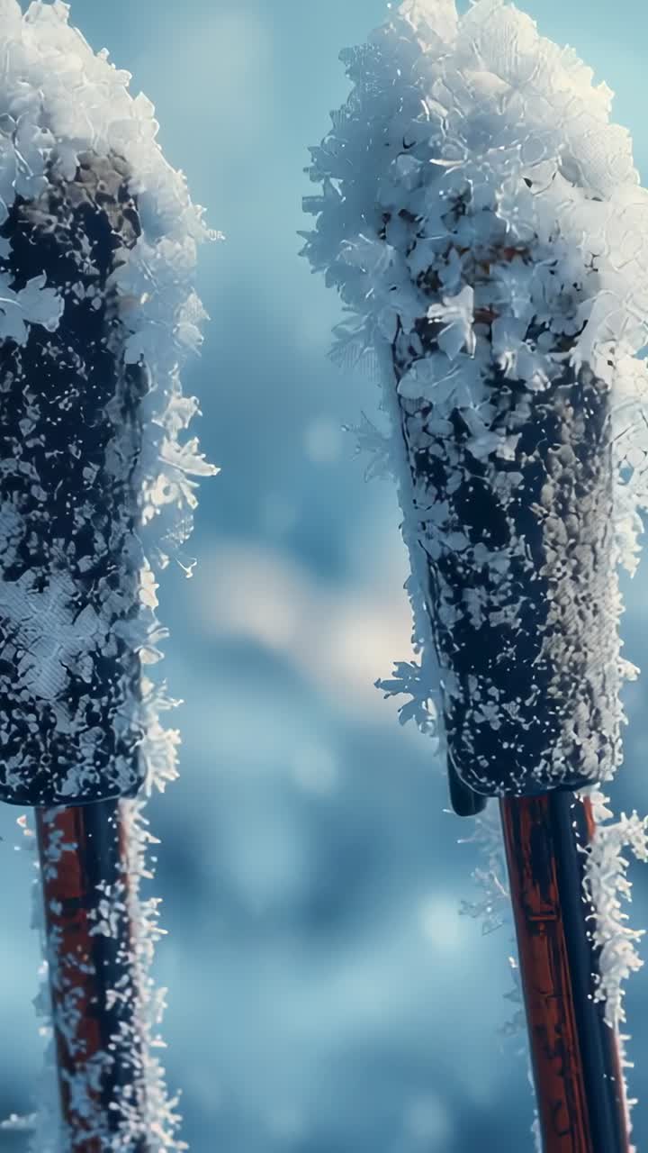Vertikal video: Kald luft som kommer i kontakt med to slanke, vertikale stenger utendørs og danner frostkrystallblonder