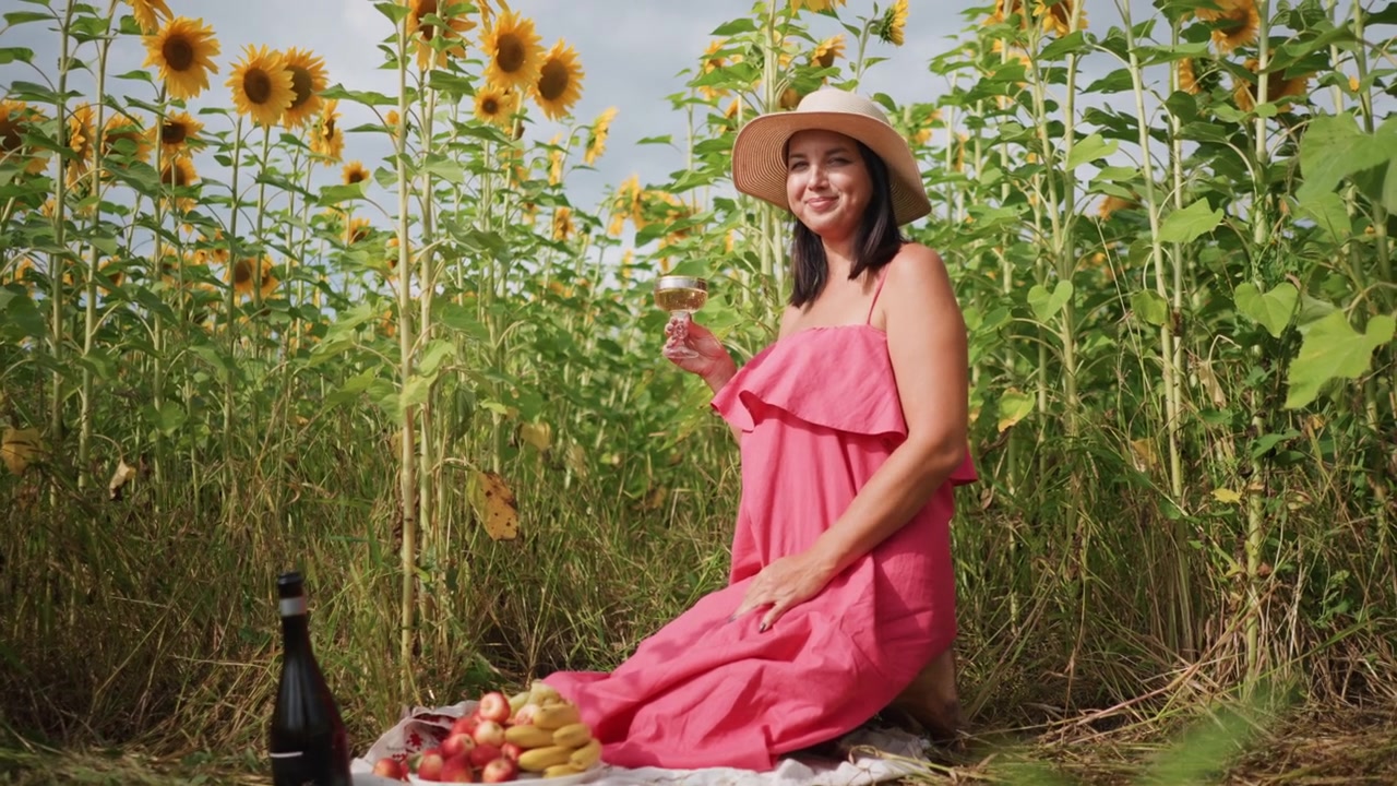 Mujer con vestido rosa disfruta de vino y fruta mientras está sentada entre girasoles. La mujer sostiene un vaso rodeada de plantas verdes altas con flores amarillas bajo la luz brillante del día. La escena presenta elementos naturales.