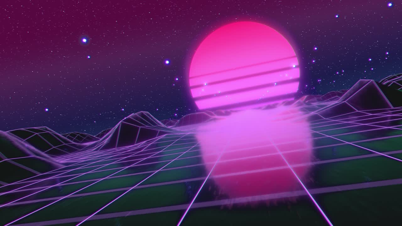 레트로 퓨처리즘의 우주 비행: 생성된 언덕과 바닥에 다각형 mesh. 개념 80s, 90s, 환상적인 추상적인 네온 배경, 카메라 기울어, 네덜란드 모이, 원활한 루프, 3d 렌더링