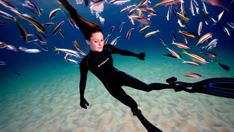 a person in a wetsuit free diving and swimming with fish underwater