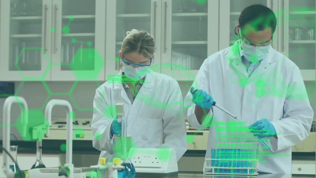 Female left male right starting lab sample prep pouring pipetting green overlay obscuring bench