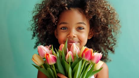 a happy young girl with curly hair holding a bouquet of colorful tulips