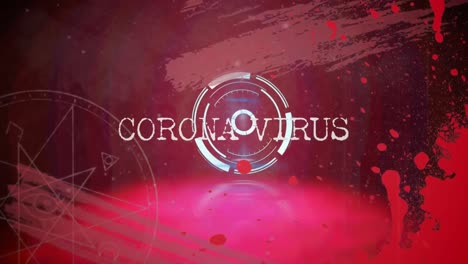 Coronavirus-text-over-round-neon-scanner-against-paint-splashes-and-strokes-on-red-background