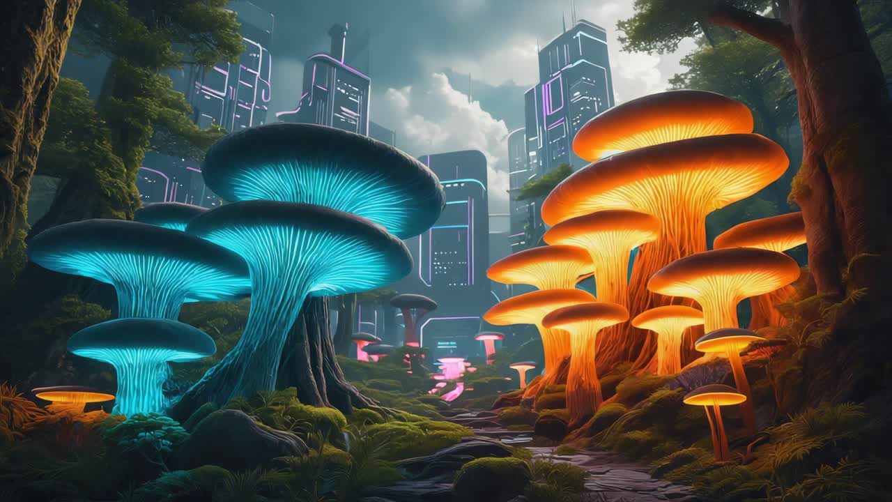 Futuristic Forest with Glowing Mushrooms and a Cyberpunk City