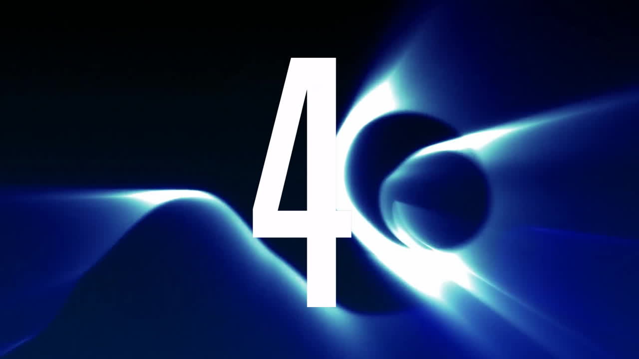 Number 5 animation over abstract blue and white light waves