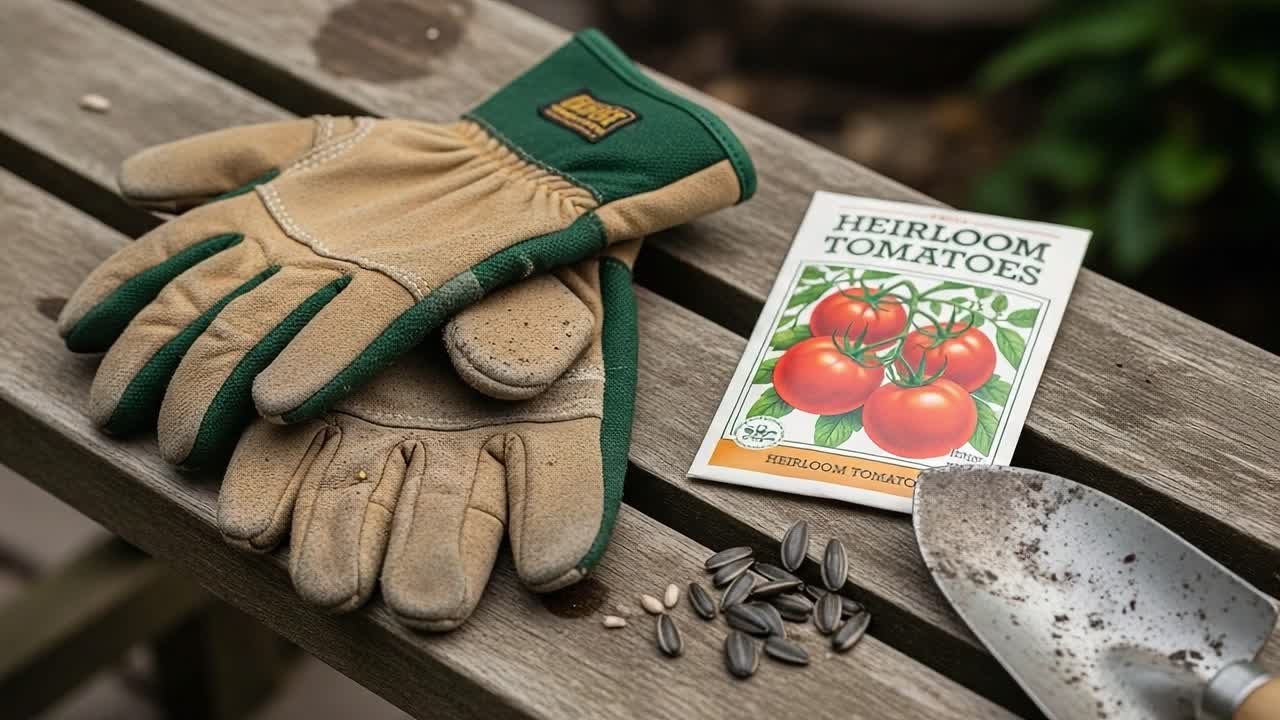 Preparing for a Garden Planting Session: Heirloom Tomato Seeds, Gardening Gloves, and Tools Displayed on a Wooden Table ready for Spring Planting Activities