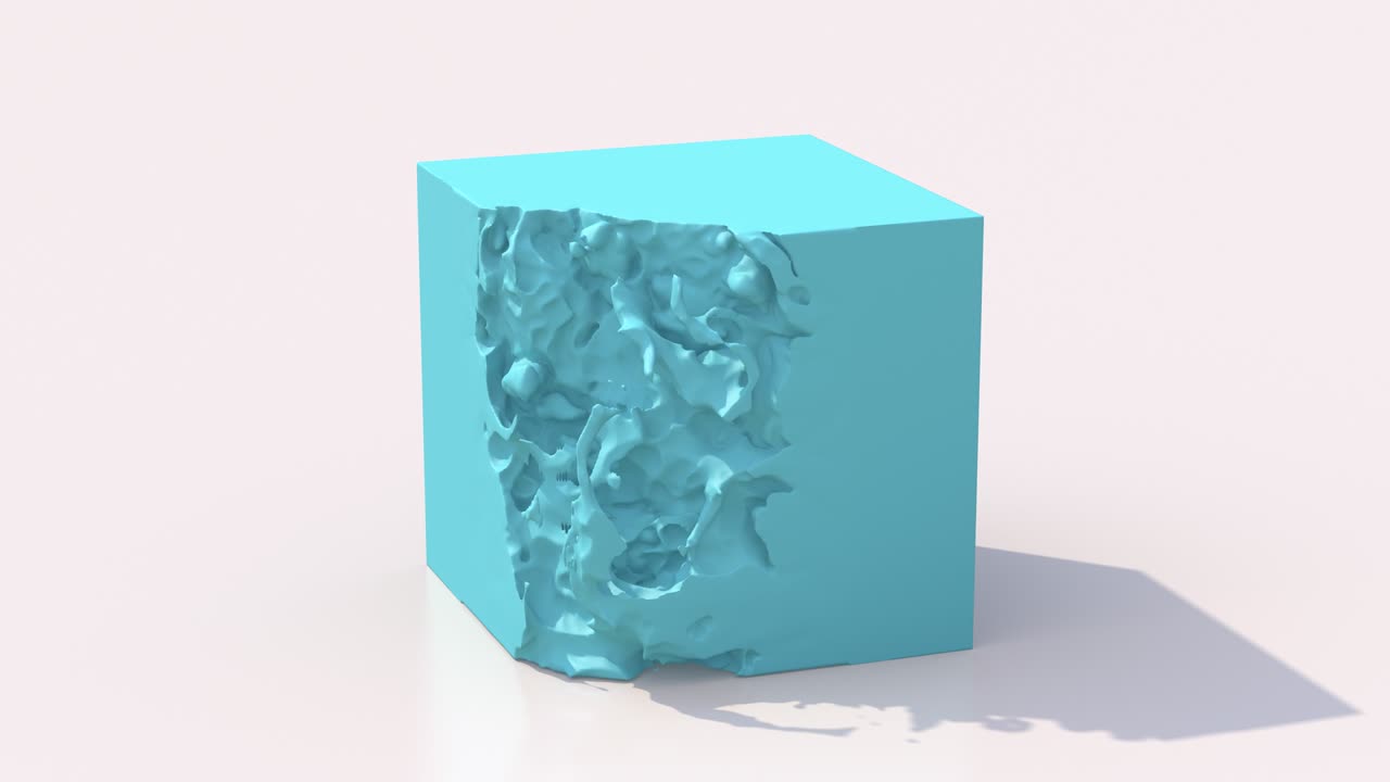 Blue cube disappears. White background. Abstract animation, 3d render.